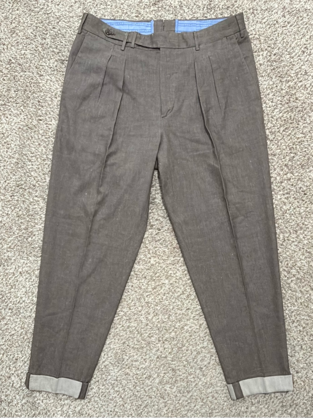 PT01 TORINO Size 32 (EU 48) Carrot Fit Trousers Cotton Linen Stretch Brown